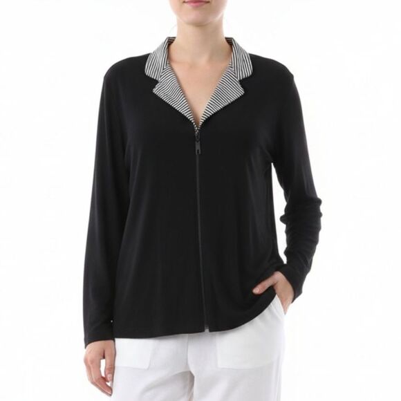 Chico’s Travelers Black & White Zip Up Stripe Collar Long Sleeve Jacket L 2 - Picture 1 of 9